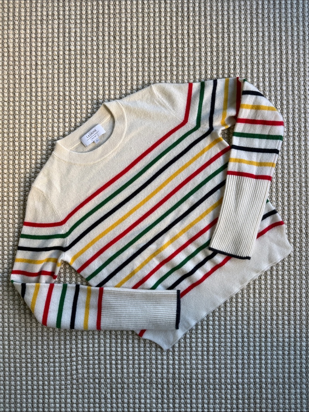 La Ligne Ivory Crewneck Sweater with Multicolor Stripes 100% Cashmere